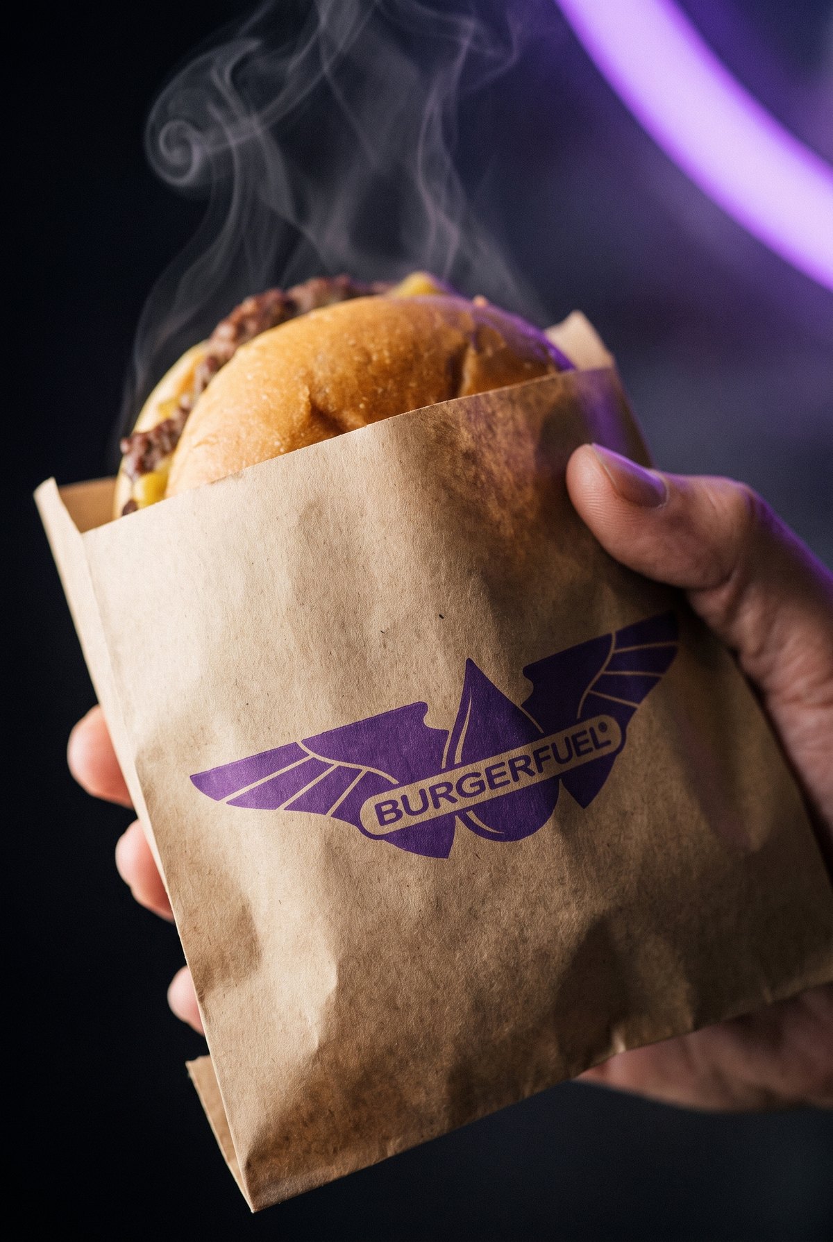 A burger in a printed BurgerFuel sleeve