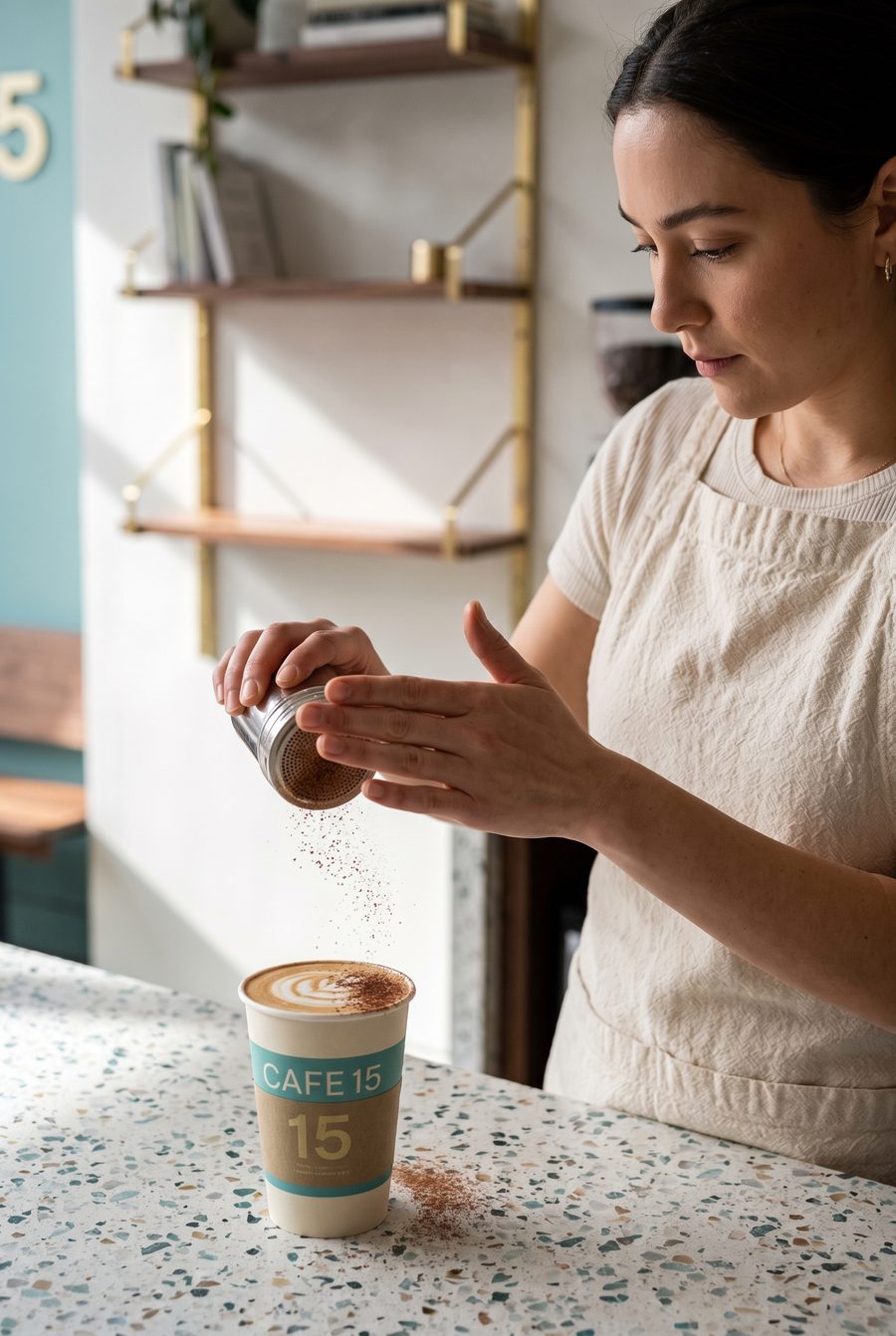 barista finishing a flat white in a Cafe 15 cup