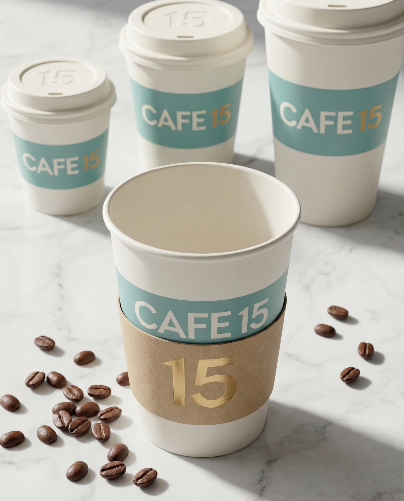 Cafe 15 takeaway cup system in teal and gold