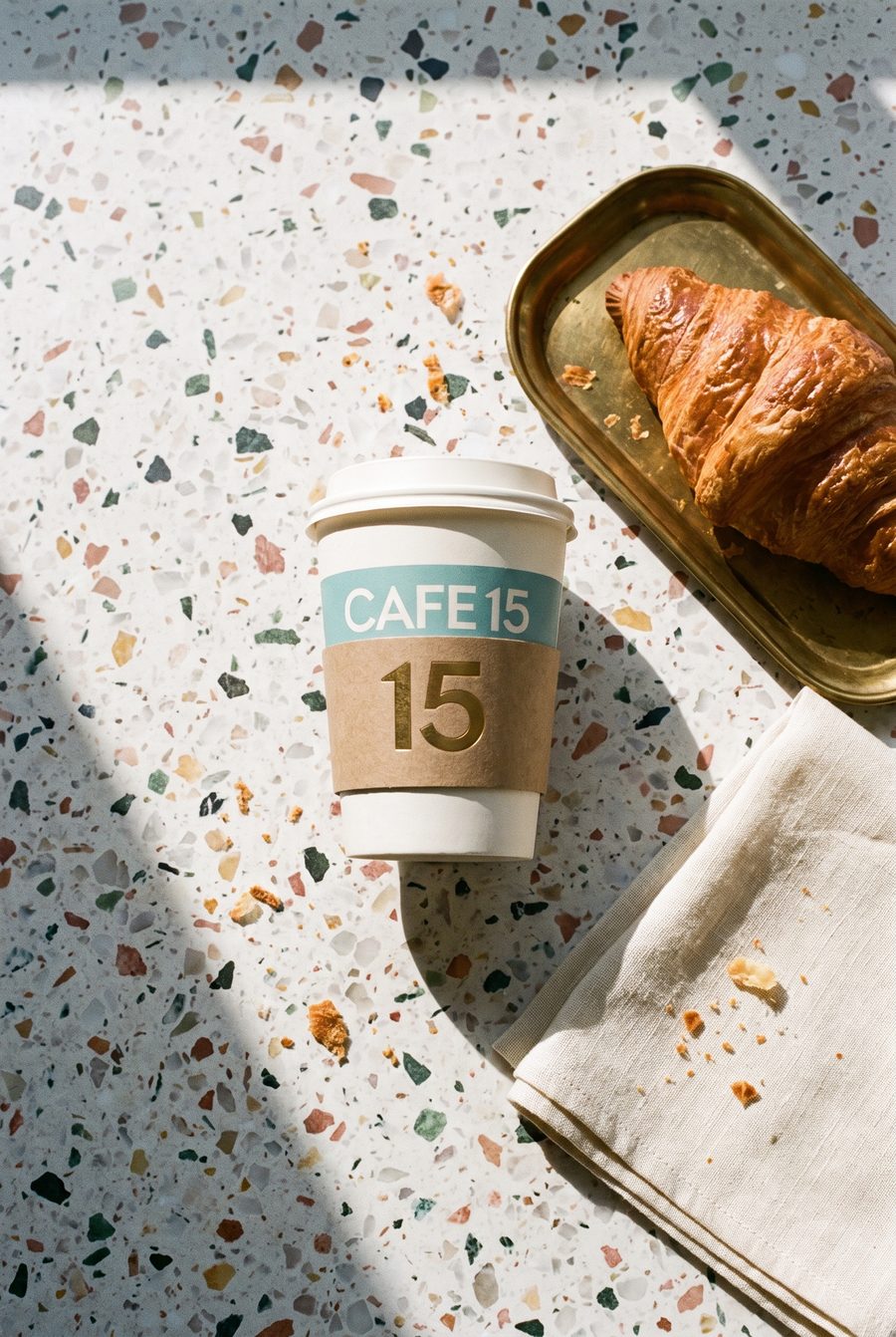Cafe 15 cup and croissant on a terrazzo table