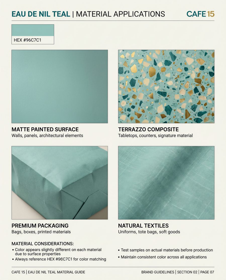 Cafe 15 Eau de Nil material applications guide