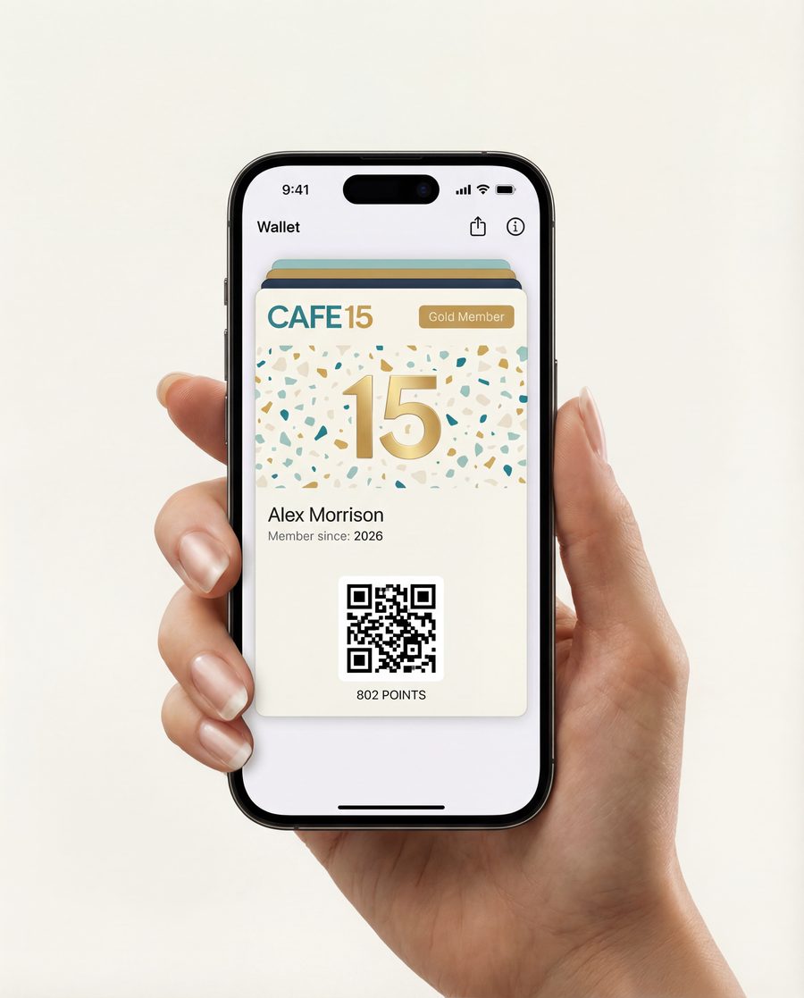 The Cafe 15 loyalty card in a phone wallet