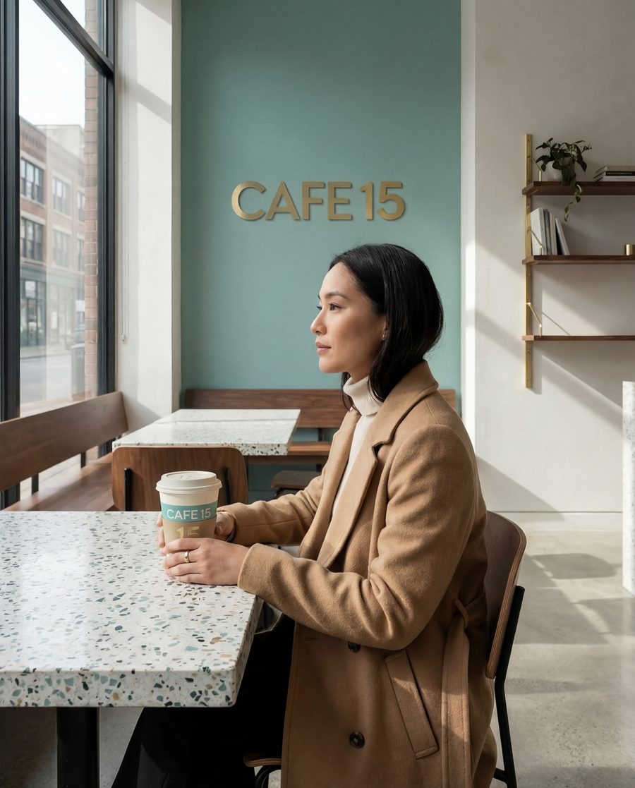 Guest with a Cafe 15 cup at a terrazzo table