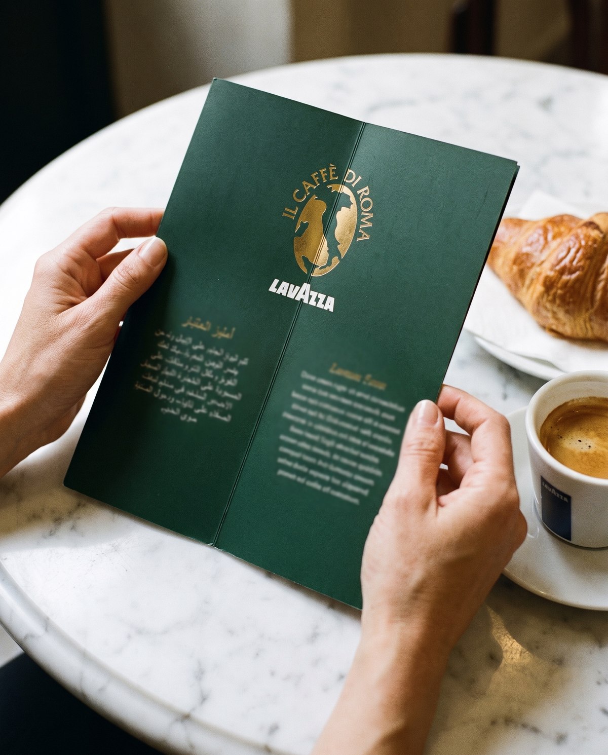 The bilingual menu open in two hands