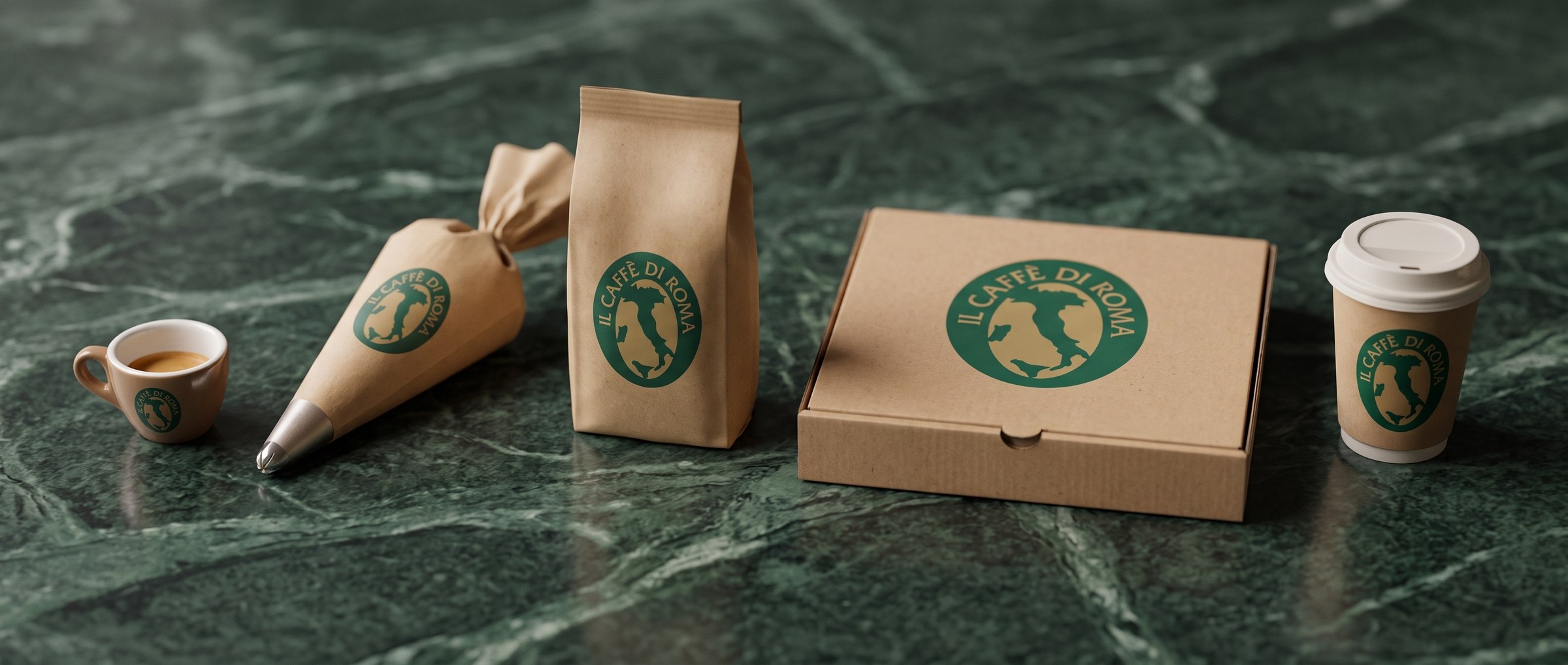 The takeaway packaging family on green marble