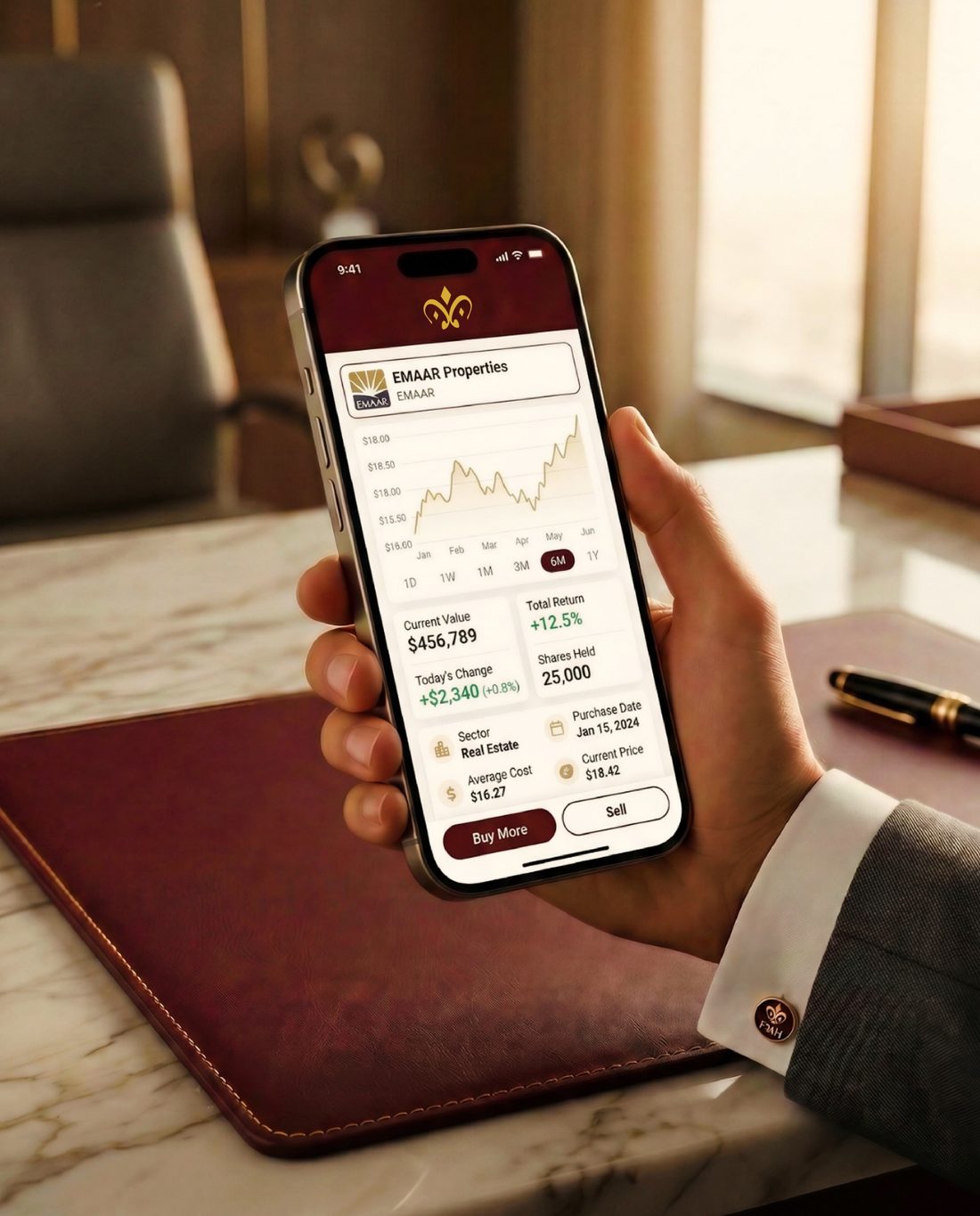 Portfolio app interface in brand maroon