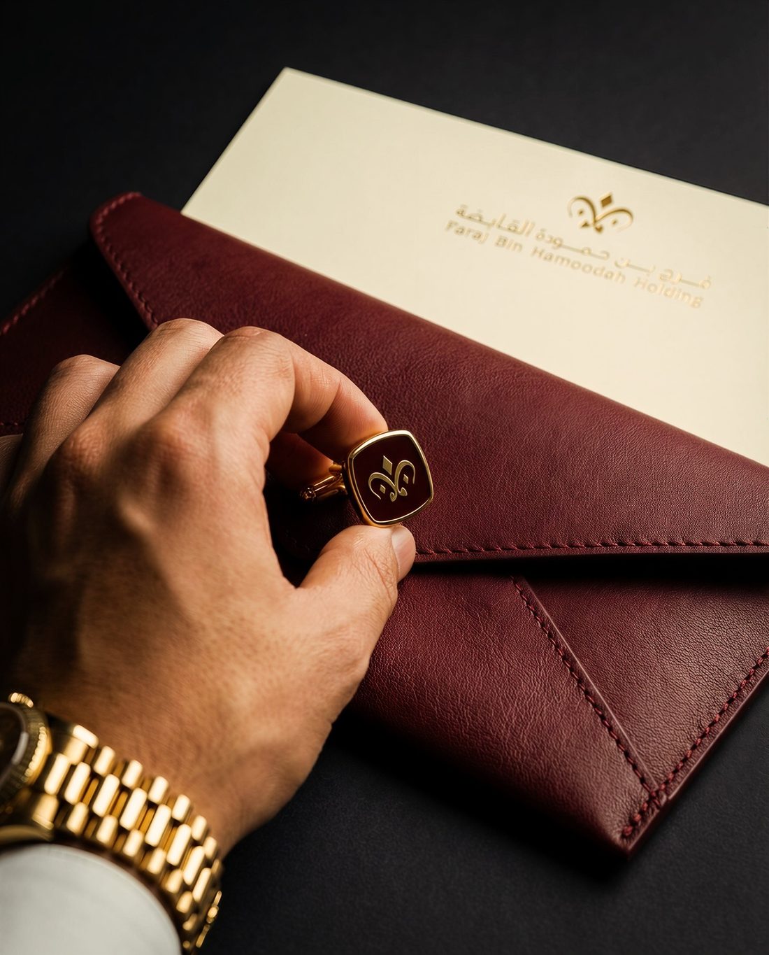 Leather folio with signet ring