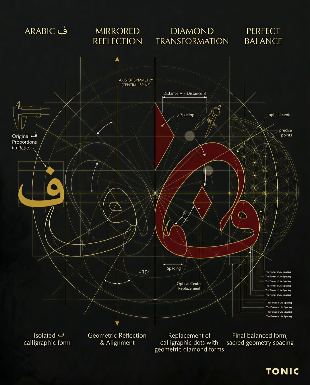 Construction of the calligraphic mark: mirrored reflection and diamond transformation