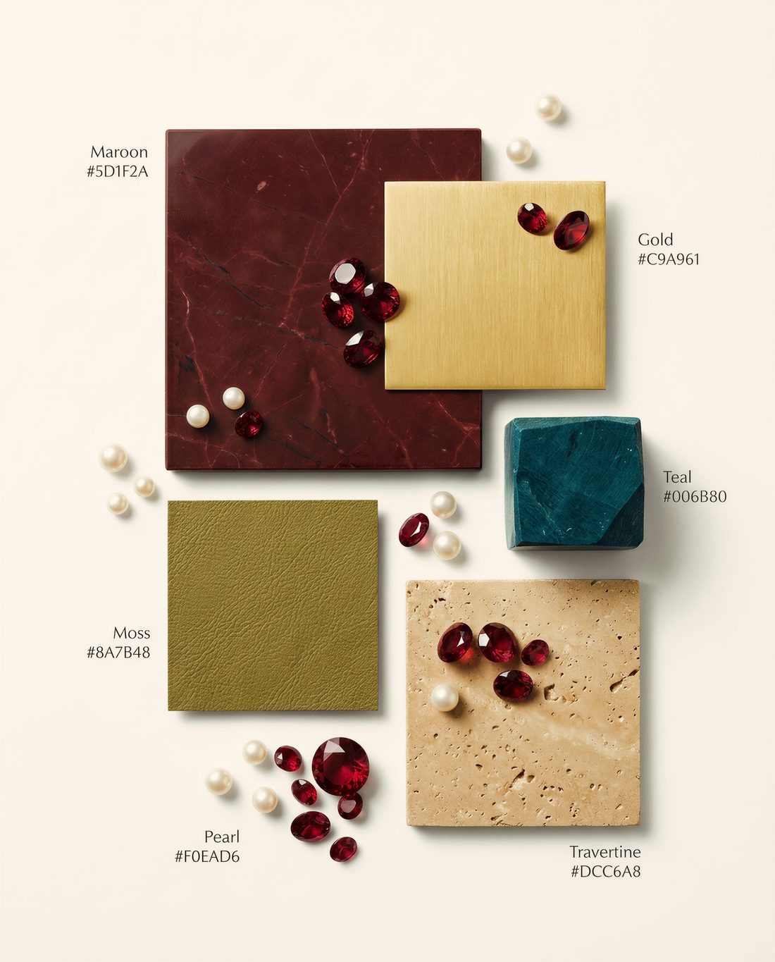 Material palette: maroon leather, gold, moss, pearl, travertine