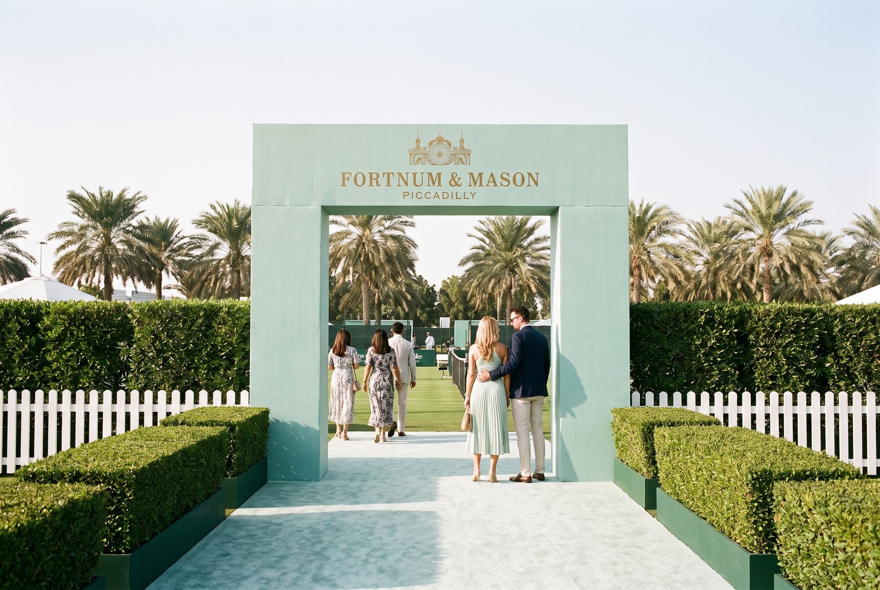 The branded entrance arch onto the grass court