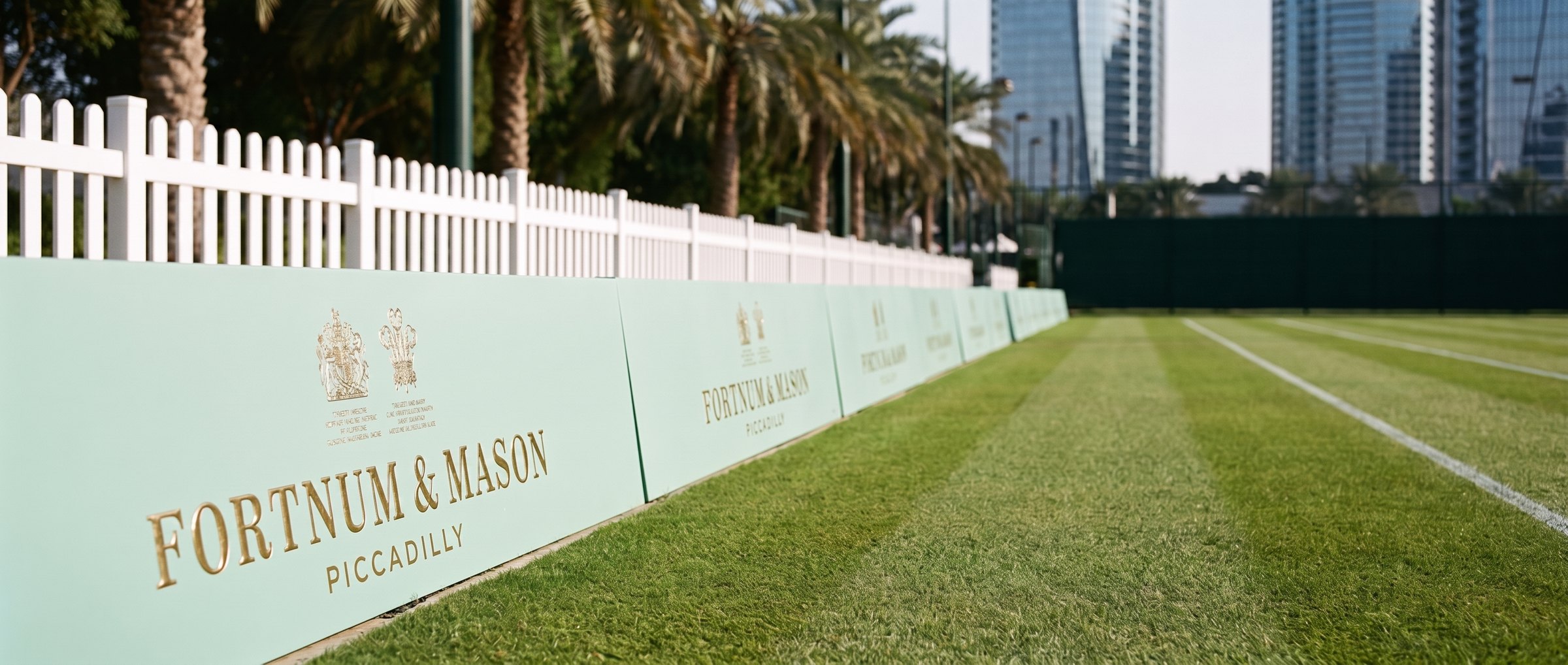 Court-side field branding running the length of the grass court