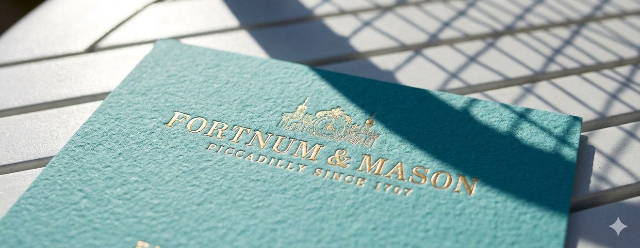 Gold foil Fortnum and Mason crest on an eau-de-nil menu card