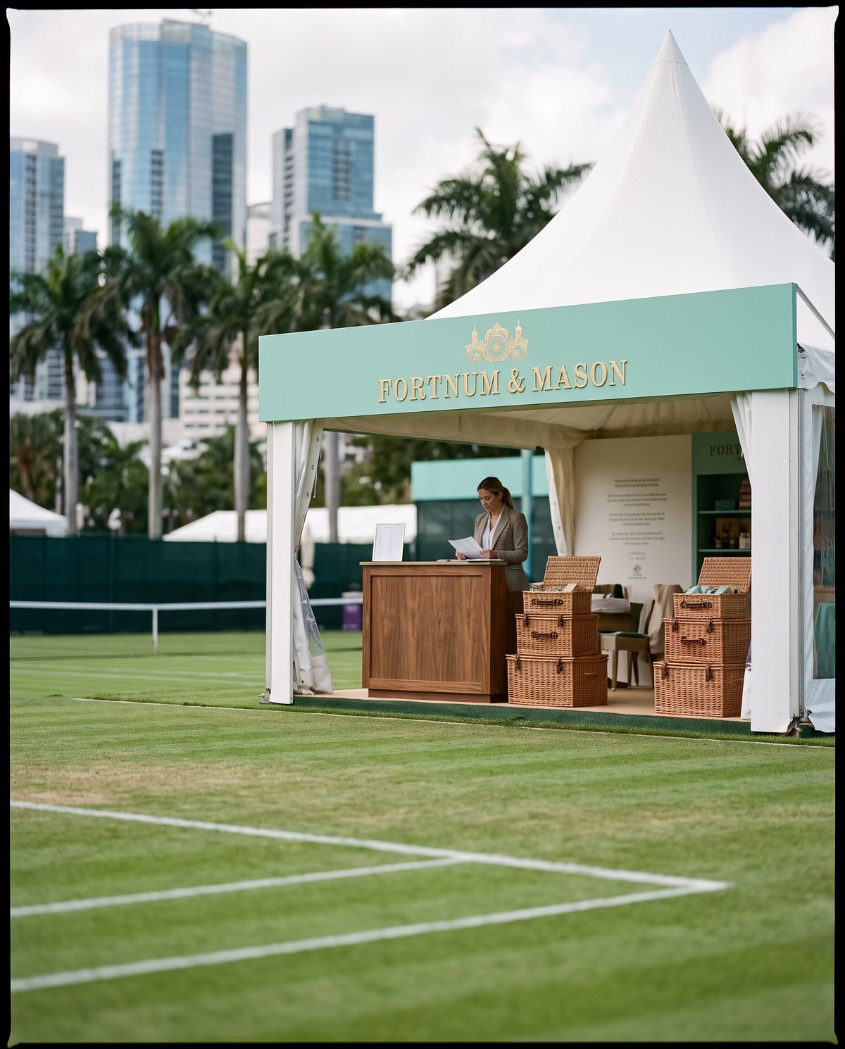 Branded hospitality pergola at the edge of the court