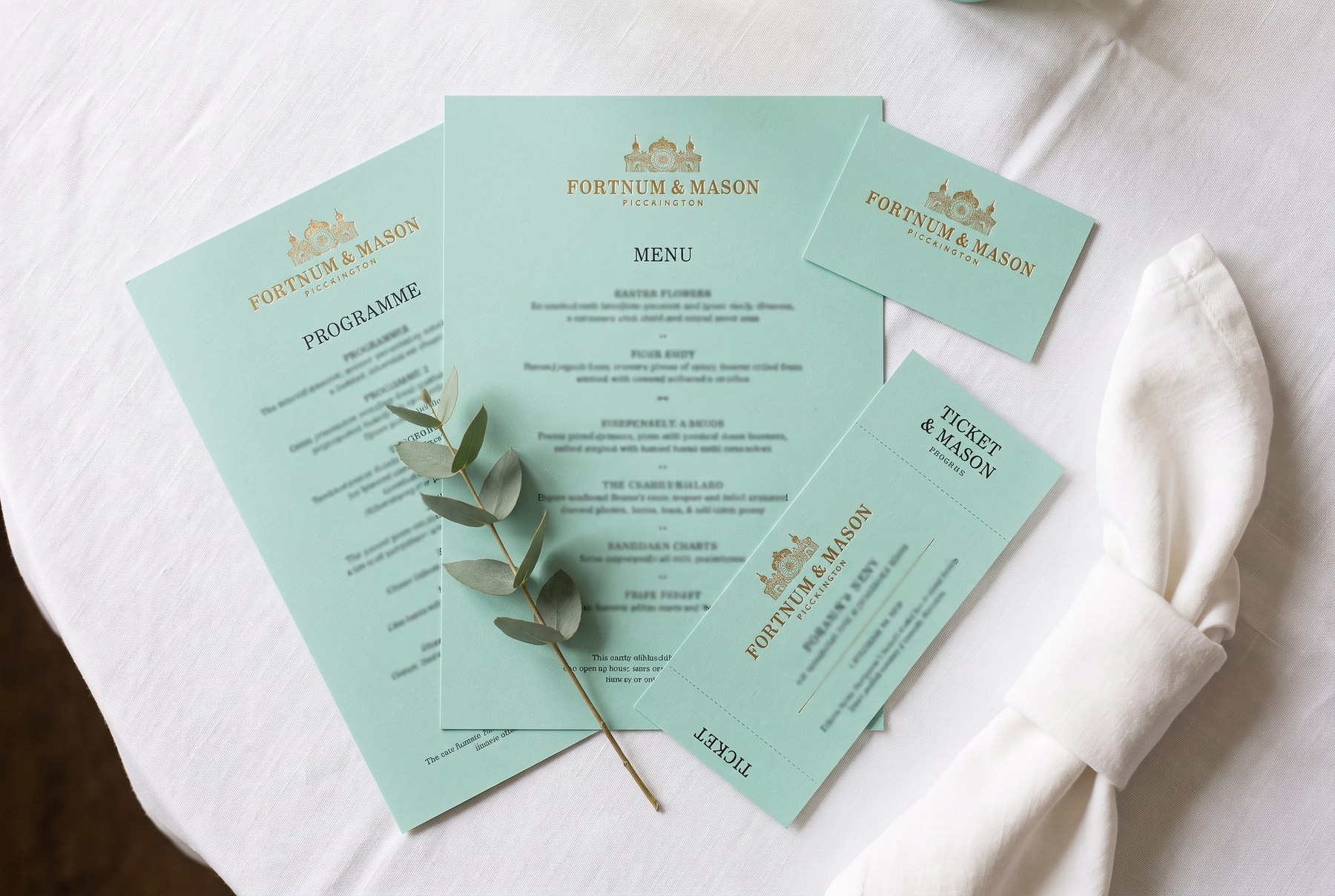 Printed menus, programmes and place cards in eau-de-nil and gold