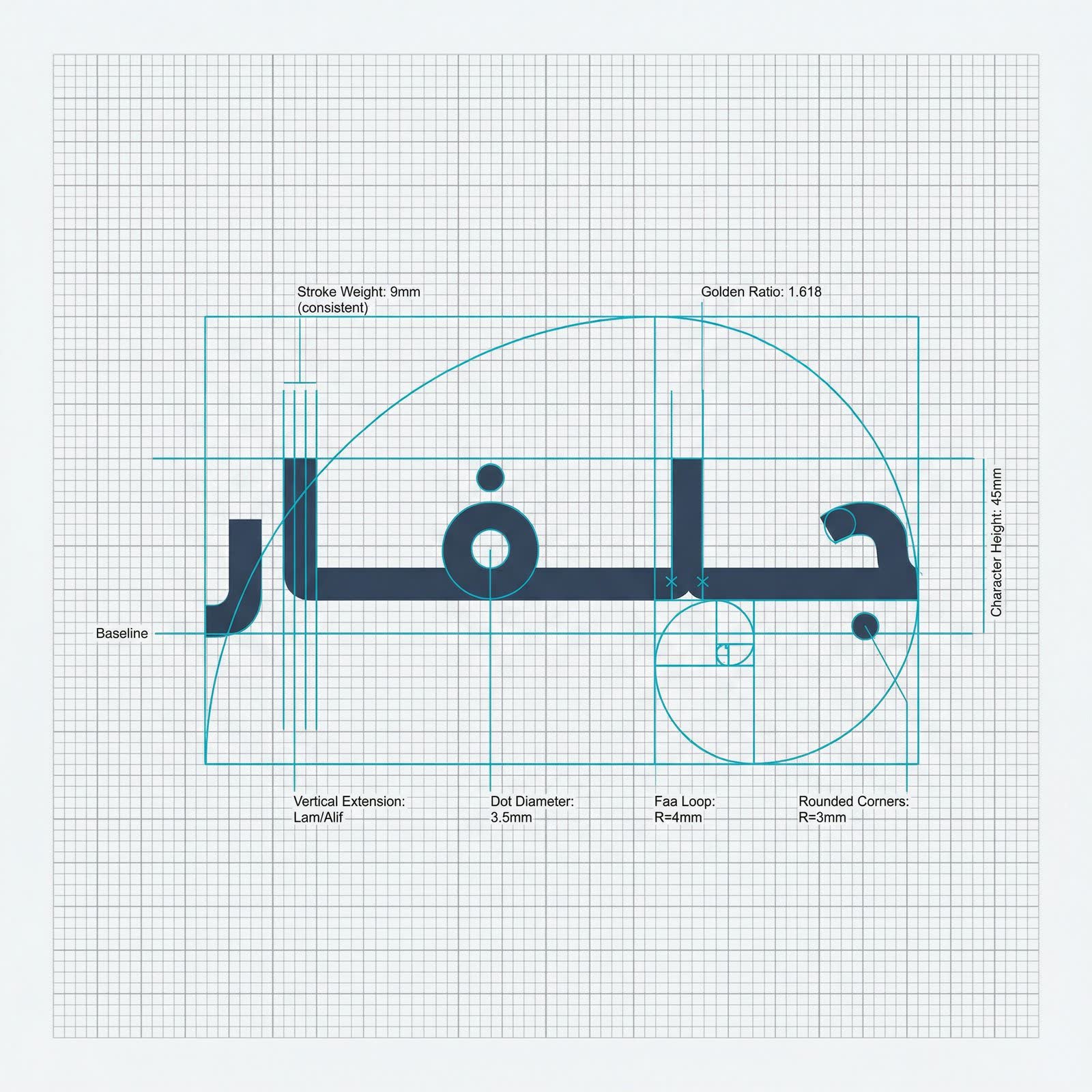 Golden-ratio construction grid of the Julphar Arabic wordmark