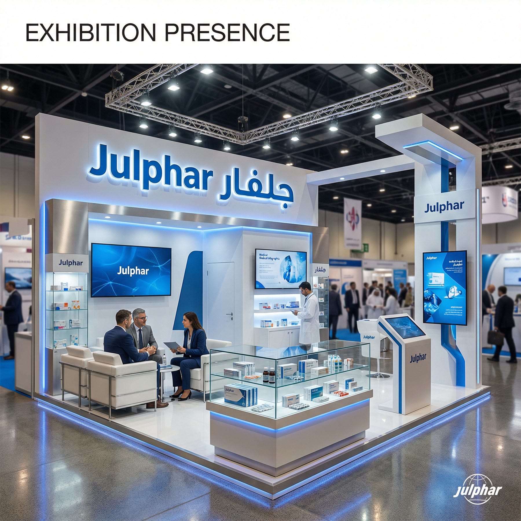 Julphar exhibition stand in brand blue