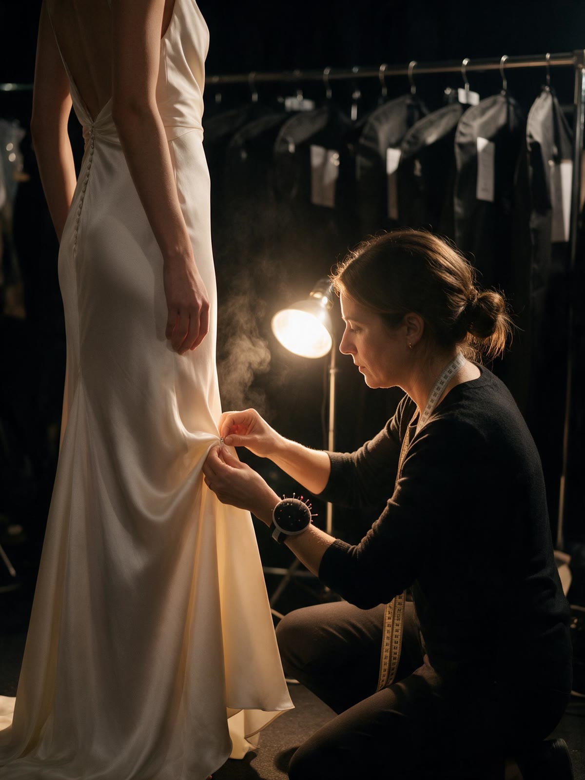 A seamstress pinning the hem of an ivory gown backstage under a work lamp