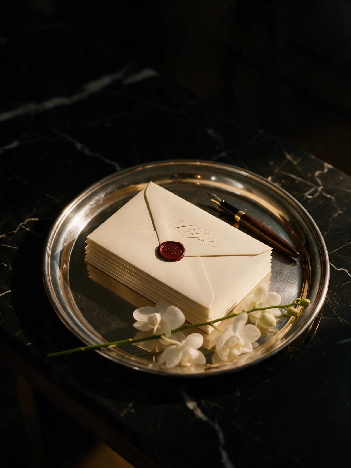 Sealed cream envelopes stacked on a silver tray beside a fountain pen