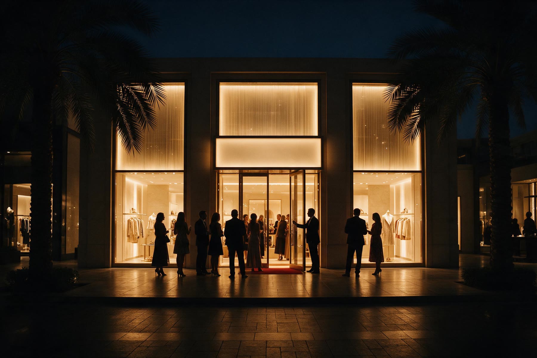 Guests in silhouette outside a glowing boutique entrance at night