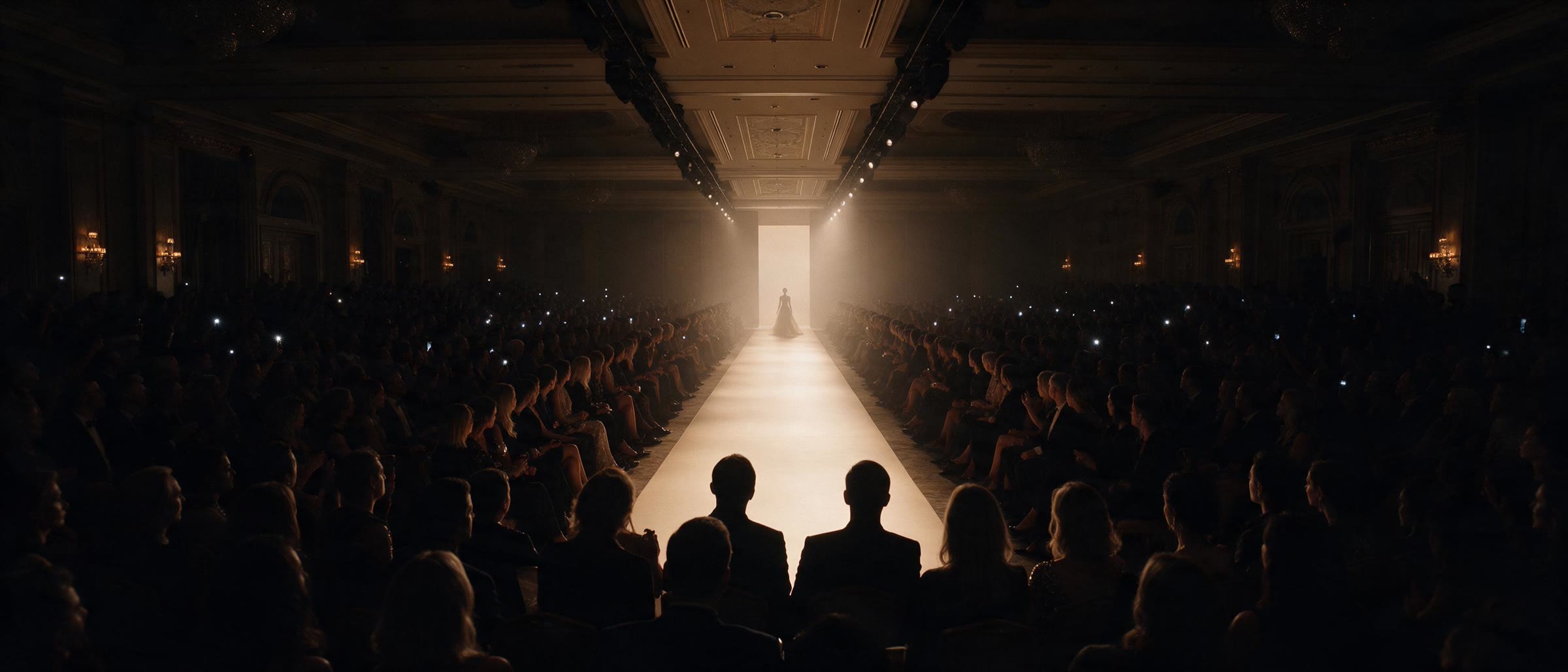 A packed runway show seen from the back of the room