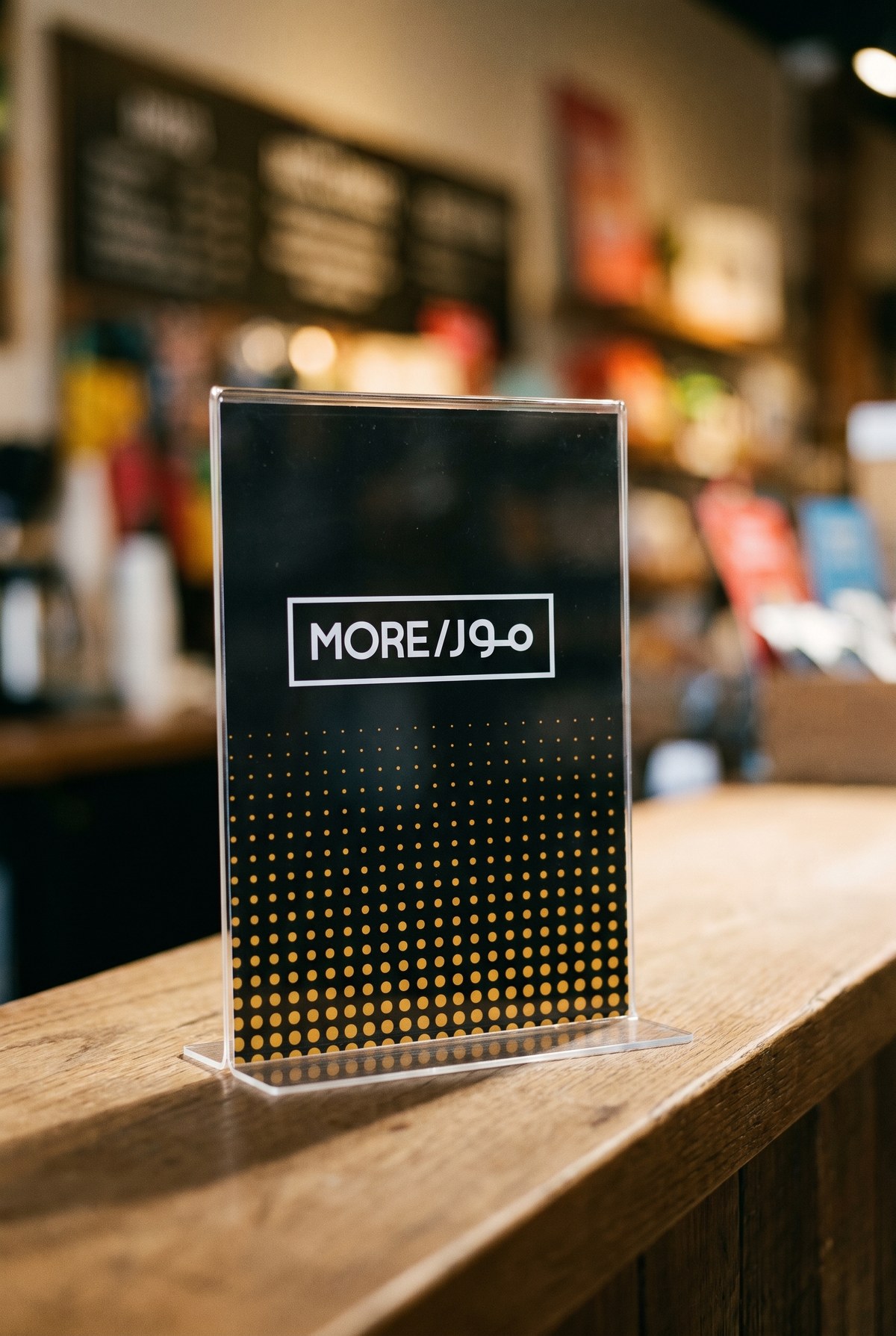 An acrylic counter stand carrying the MORE lockup above a field of dots