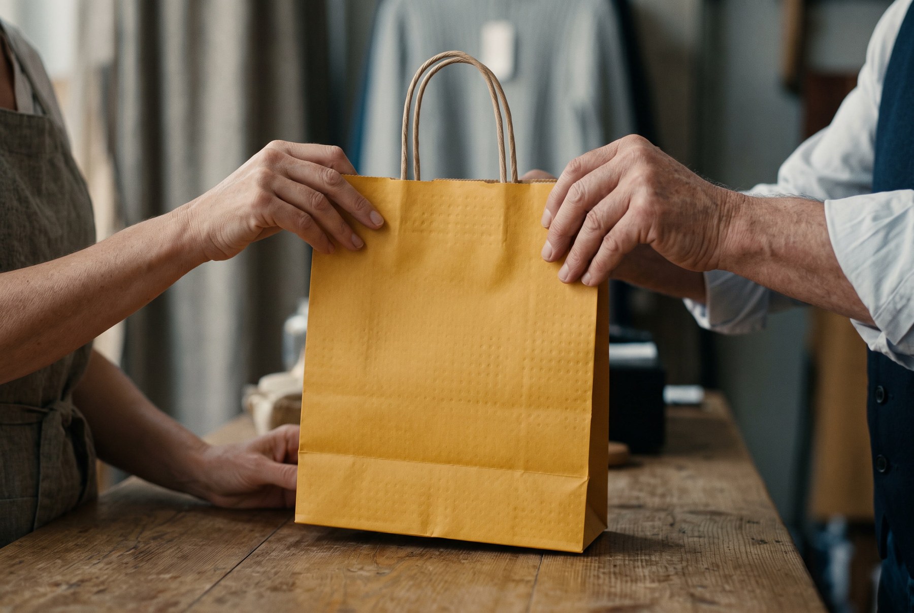 A yellow shopping bag passed from one pair of hands to another across a counter