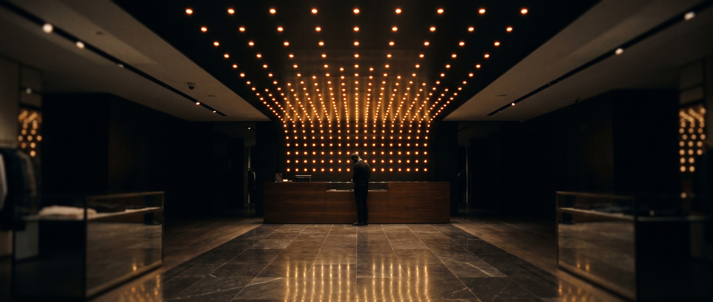 A store ceiling set with a grid of small warm lights, densest above the counter