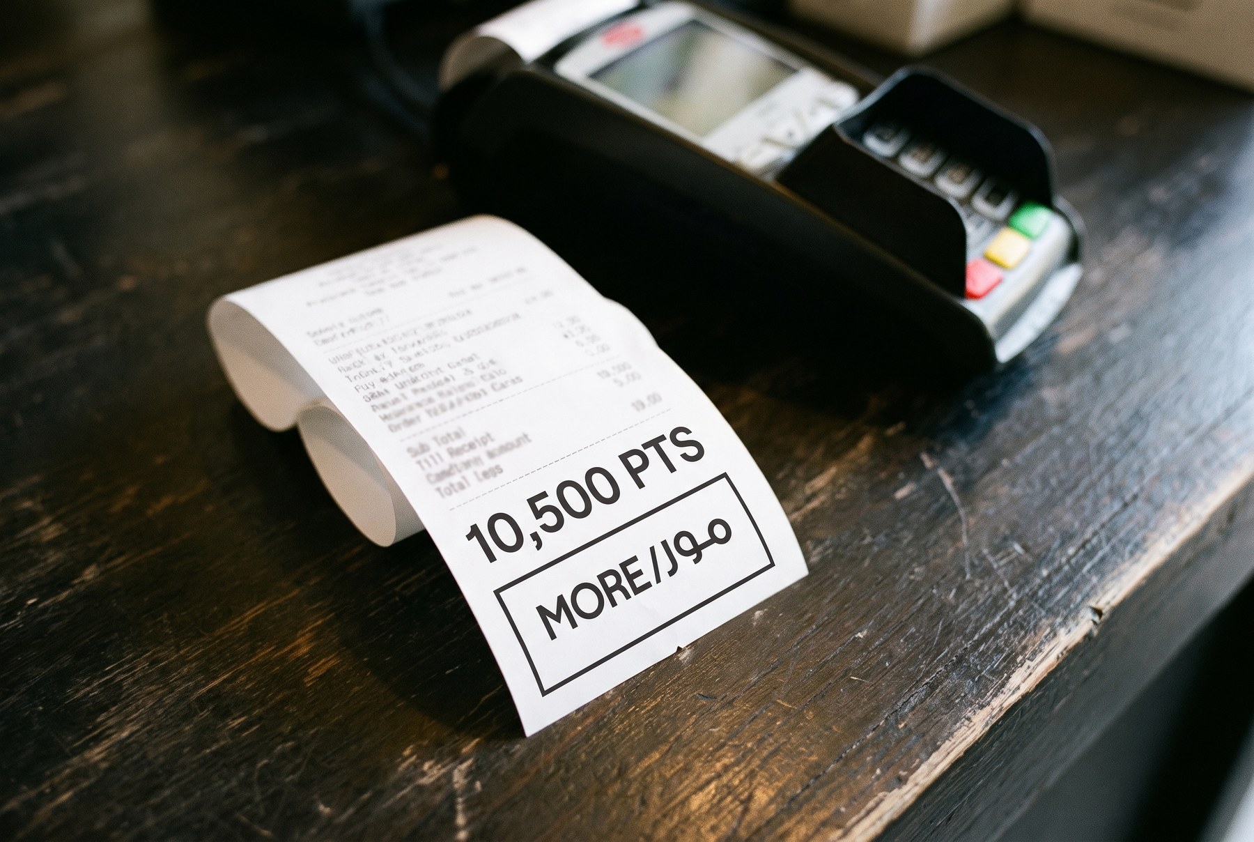 A till receipt printed with points earned and the MORE lockup