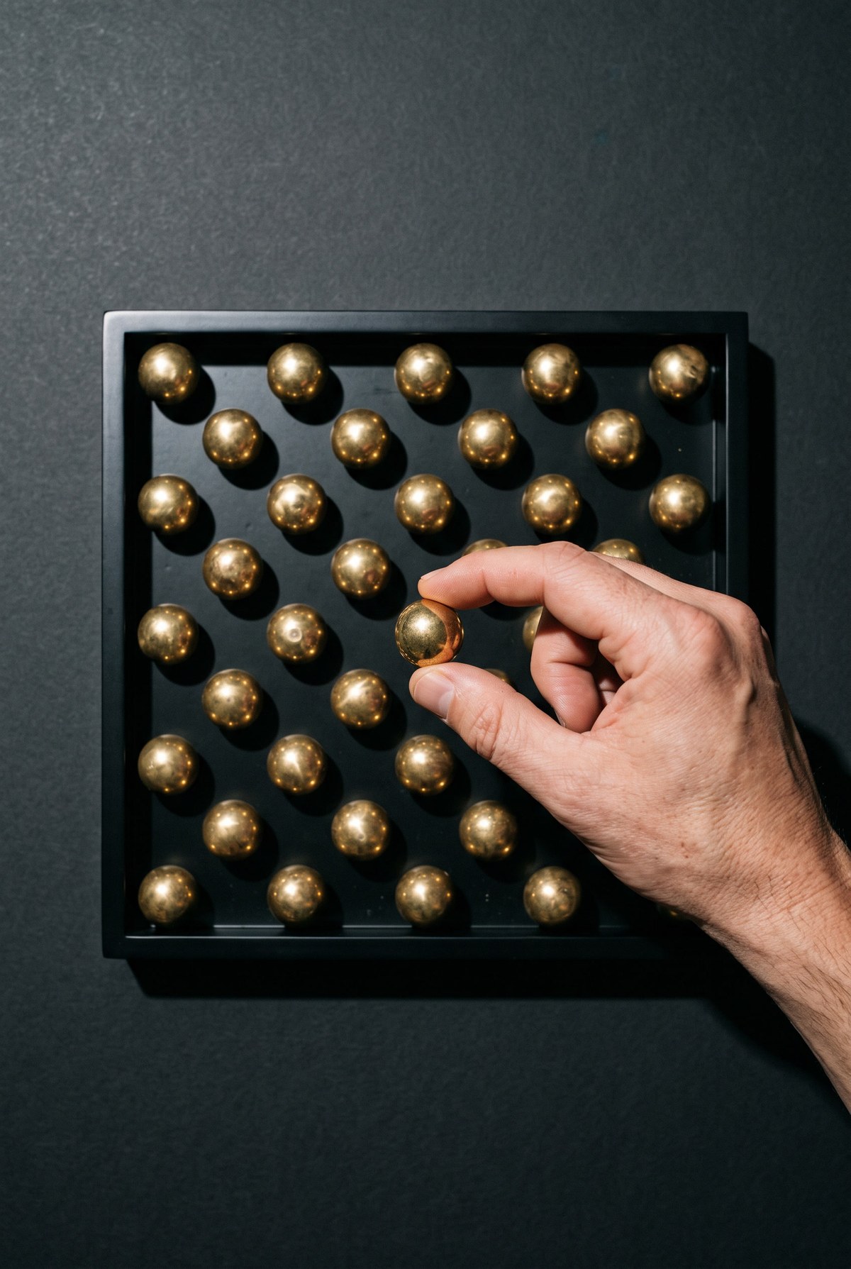 Brass spheres arranged in a grid on a tray, one being lifted out