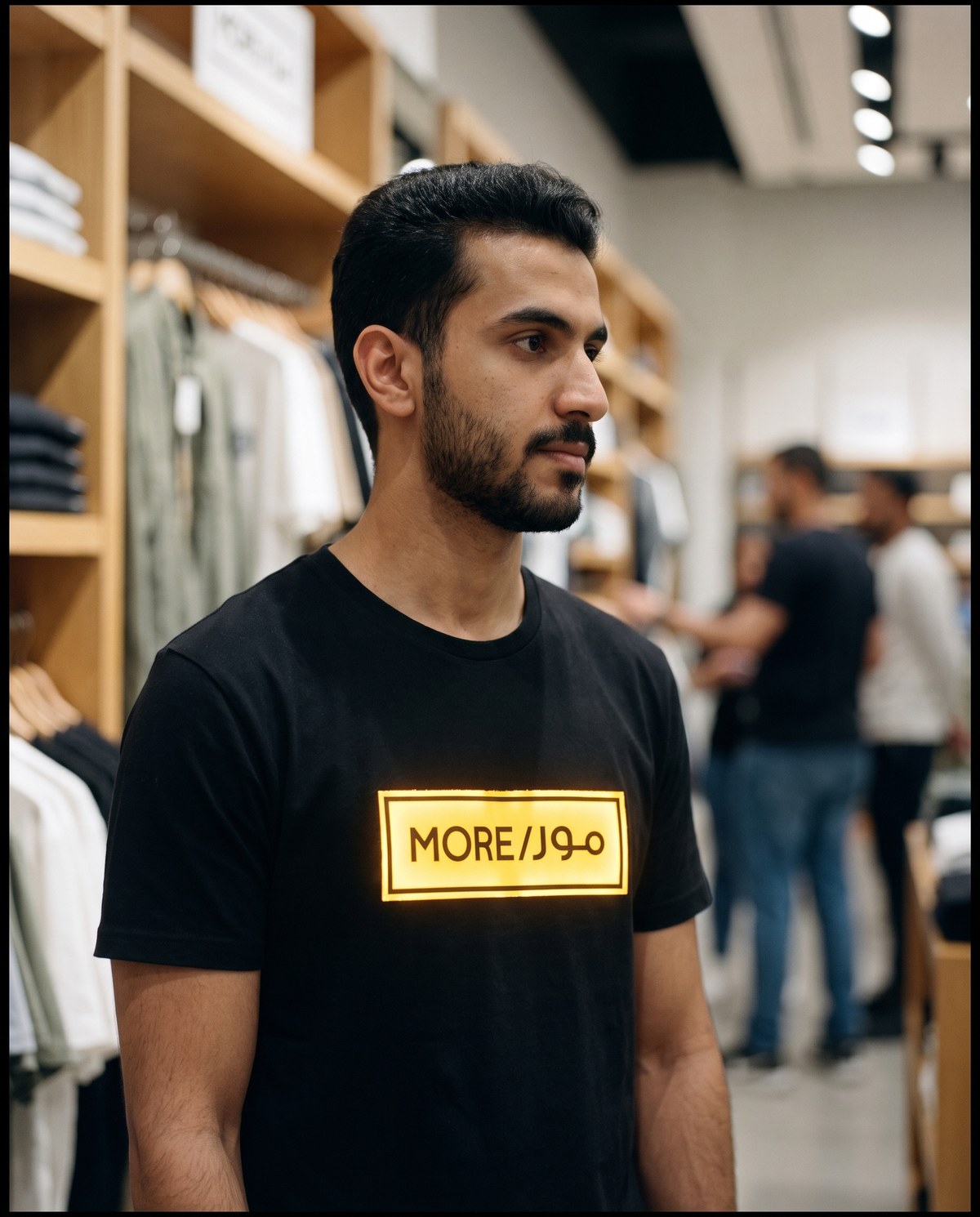 A store associate in a MORE shirt with an illuminated chest panel
